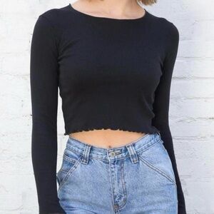 Brandy Melville Black Wynn Long Sleeve Top with Ruffle Edge Details